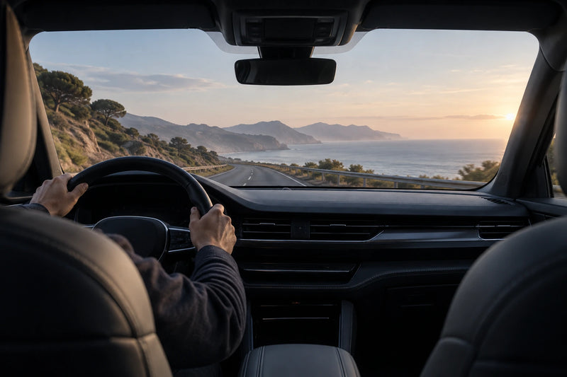 Illustrative dawn driving scene; AI-generated, no product shown